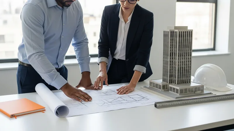 A civil engineer and an MEP engineer reviewing a large structural drawing and a scale model of a building at a white table in a bright New York design office