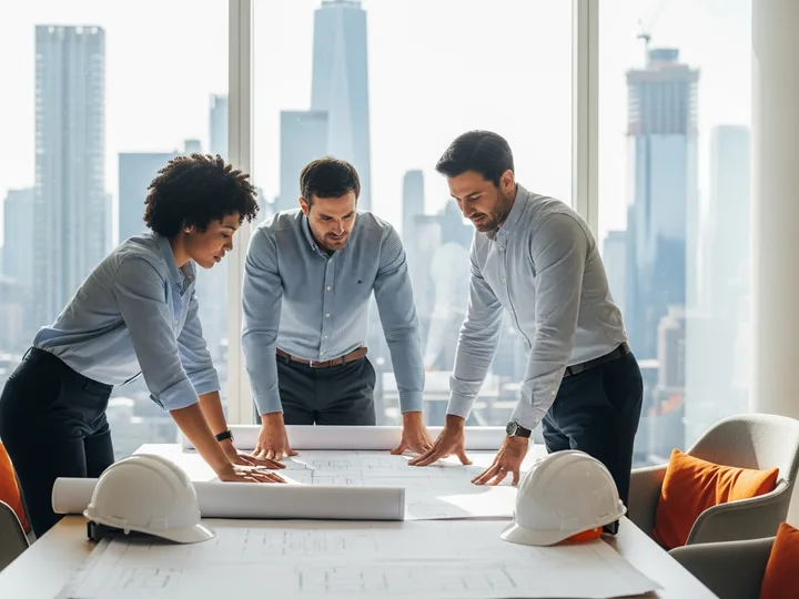 Three engineers with hard hats reviewing structural blueprints in a Manhattan high-rise office with the New York City skyline and a construction crane visible through the windows