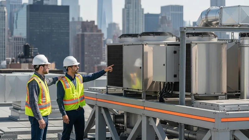 Two engineers in hard hats and safety vests inspecting rooftop mechanical building systems on a New York City high-rise with the Manhattan skyline behind them