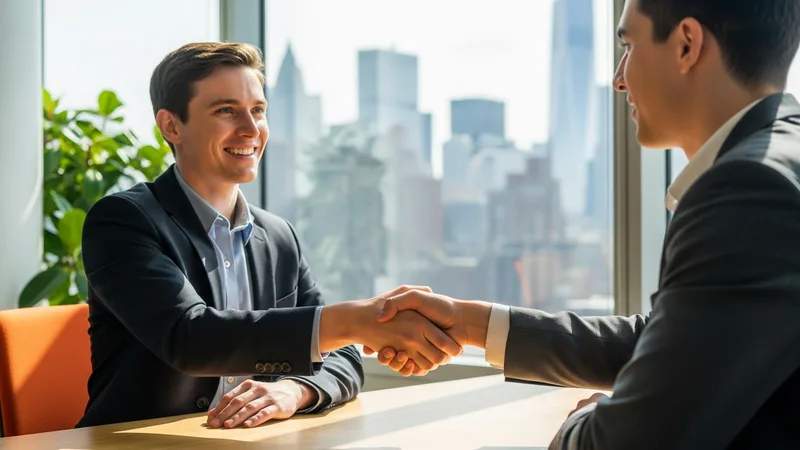 A KORE1 engineering recruiter shaking hands with an engineering candidate in a bright New York office with the Manhattan skyline behind them