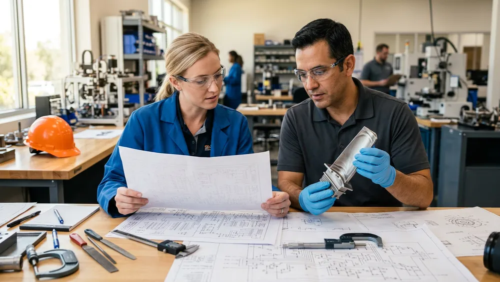 A simulation systems engineer and a mechanical engineer at a lab workbench inspecting a precision turbine component and a printed circuit schematic in a bright Orlando engineering lab