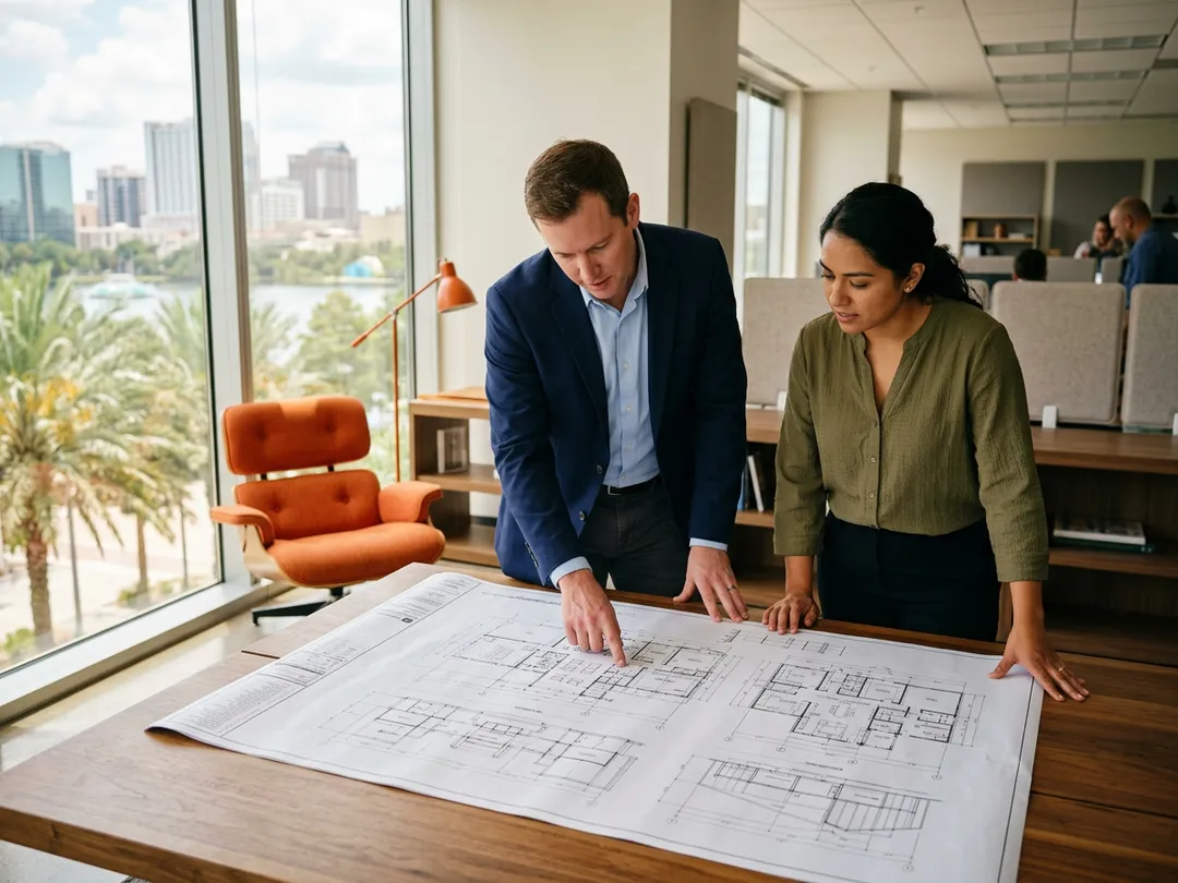 Two engineers reviewing a large printed systems schematic on a table in a bright Orlando engineering office, a simulation training rig and palm trees soft-focus beyond the windows