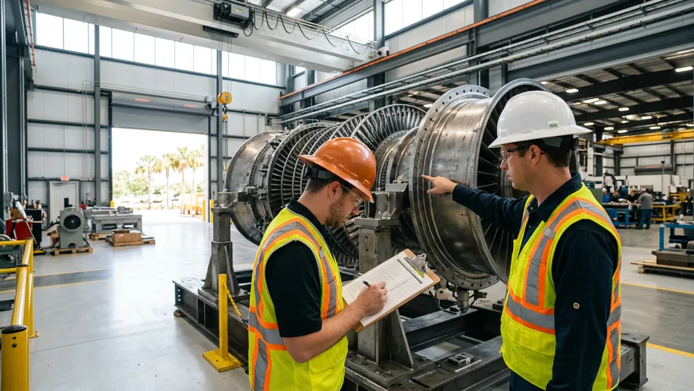 Two engineers in hard hats inspecting a large gas turbine and power-plant assembly on a factory floor near Orlando, overhead cranes and industrial bays behind them