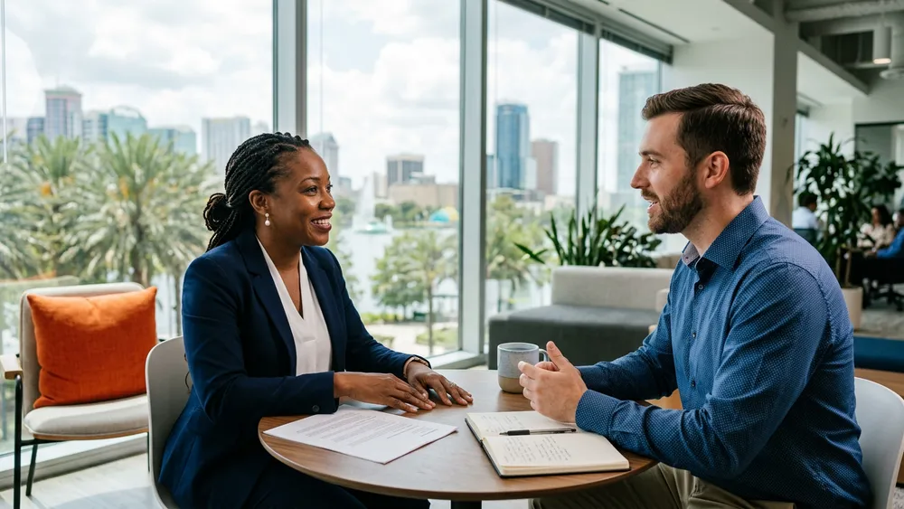 A KORE1 engineering recruiter talking with a cleared engineering candidate across a table in a bright Orlando office, with palm trees and the downtown skyline softly visible behind them