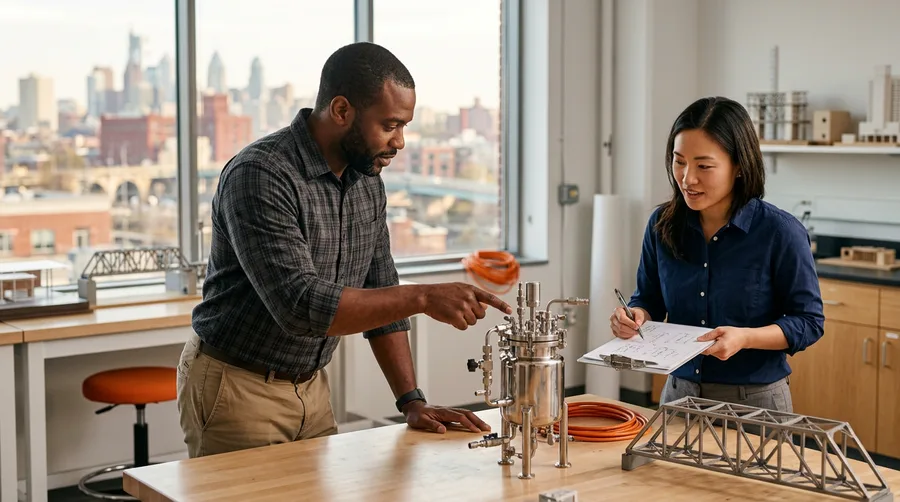 A process engineer and a civil engineer examining a stainless bioreactor sub-assembly and a steel truss bridge model on a workbench in a bright Philadelphia engineering lab