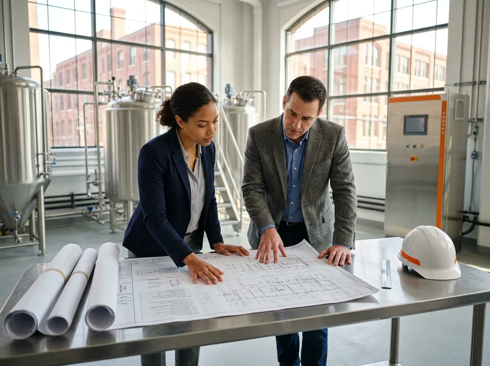 Two engineers studying a printed process blueprint at a stainless workbench beside bioreactor equipment in a bright Philadelphia advanced-manufacturing facility, with red-brick industrial buildings visible through arched factory windows