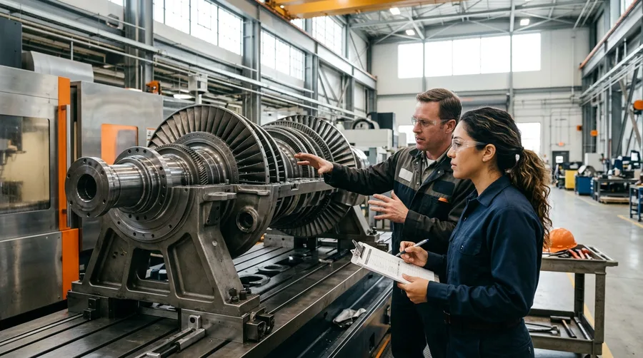 Two engineers in safety glasses inspecting a large precision rotor assembly and CNC machinery on the floor of a bright Philadelphia Navy Yard advanced-manufacturing facility
