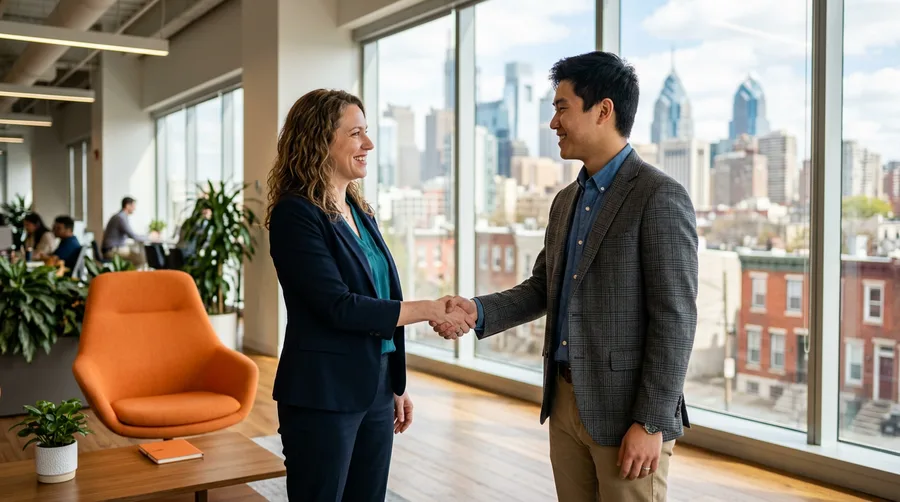 A KORE1 engineering recruiter shaking hands with an engineering candidate in a bright Philadelphia office with the Center City skyline and red-brick rowhomes visible through the window