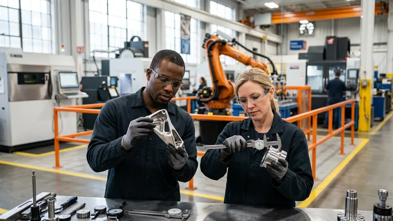 Two manufacturing and materials engineers in safety glasses and gloves inspecting a machined metal bracket with a dial caliper at an advanced manufacturing center in Pittsburgh