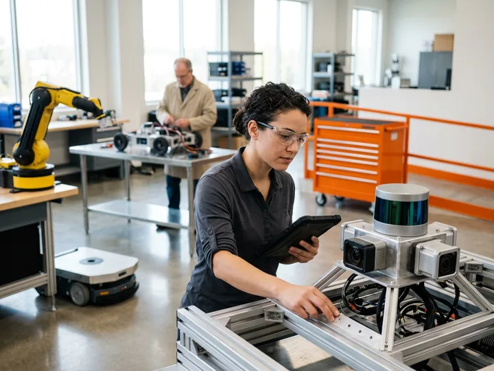 Robotics engineer in safety glasses inspecting an autonomous-vehicle lidar and camera sensor rig on a test fixture in a bright Pittsburgh robotics development lab