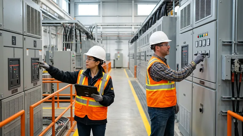 Two power and electrical engineers in hard hats and orange safety vests inspecting metal-clad electrical switchgear at a Pittsburgh energy facility