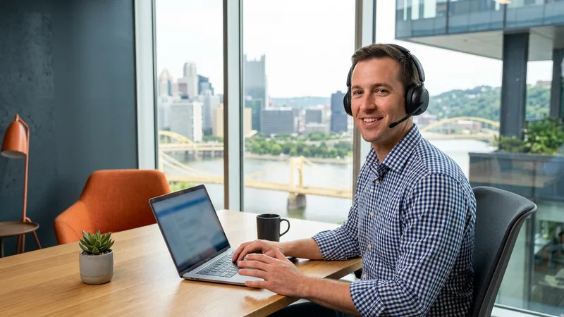 KORE1 engineering recruiter wearing a headset at a Pittsburgh office desk with the downtown skyline, the three rivers, and a gold steel bridge behind him