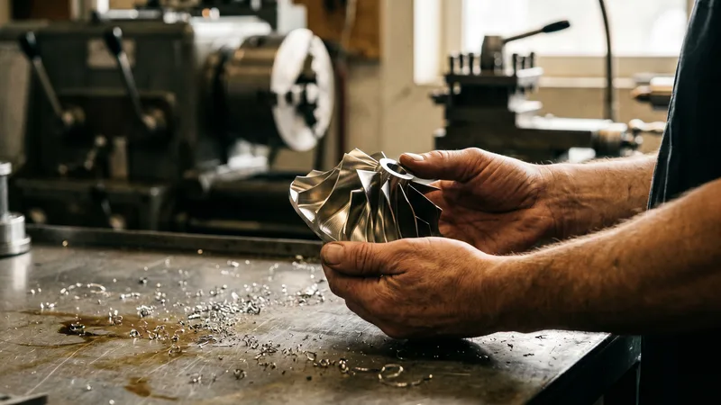 A machinist's hands inspecting a freshly machined titanium turbine impeller at a lathe in a Portland-area machine shop, with bright metal swarf on the steel workbench