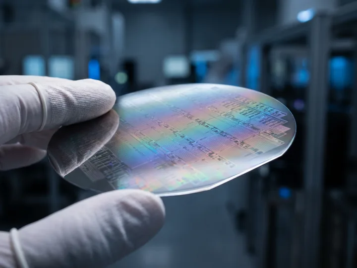 Macro close-up of a silicon semiconductor wafer refracting rainbow light, held in cleanroom-gloved fingertips, representing Portland's Silicon Forest engineering economy