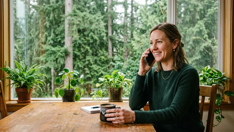 A KORE1 engineering recruiter talking with a candidate by phone in a bright Portland office, tall Douglas fir trees filling the window behind her