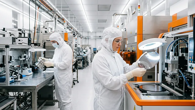 A semiconductor process engineer in a cleanroom bunny suit inspecting a silicon wafer beside a mechanical engineer at a workbench in a bright North Carolina fab