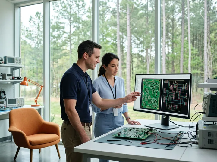 Two engineers reviewing a circuit board and a hardware schematic on a monitor in a bright Research Triangle Park engineering lab, with tall pines visible through the window