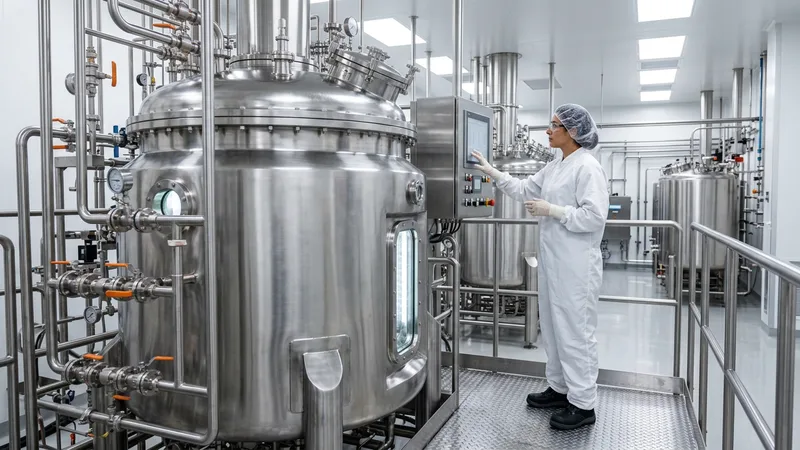 An engineer in a bioprocessing suite inspecting stainless bioreactors in a Research Triangle biomanufacturing facility