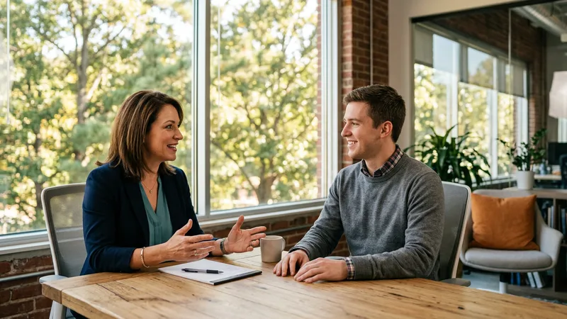 A KORE1 engineering recruiter talking with an engineering candidate across a table in a bright Raleigh office, with the oak and pine canopy softly visible behind them