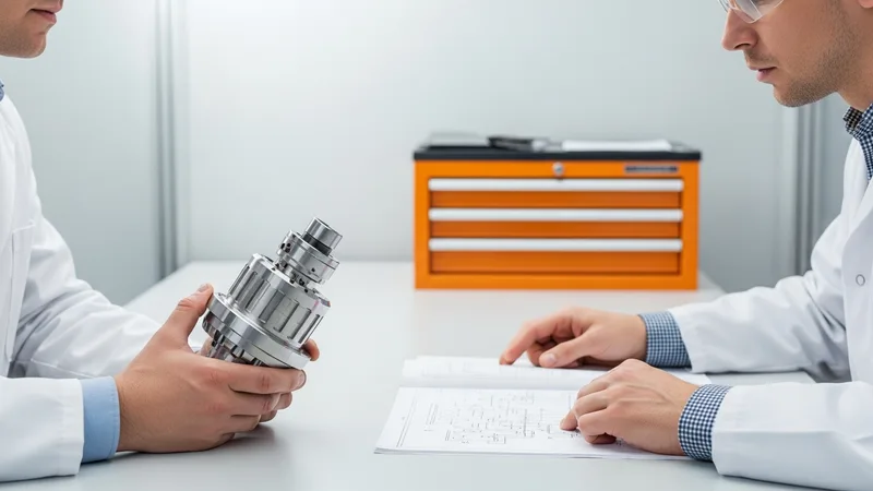 A defense systems engineer and a mechanical engineer at a lab workbench inspecting a precision aerospace component and a printed circuit schematic in a bright Tampa engineering lab