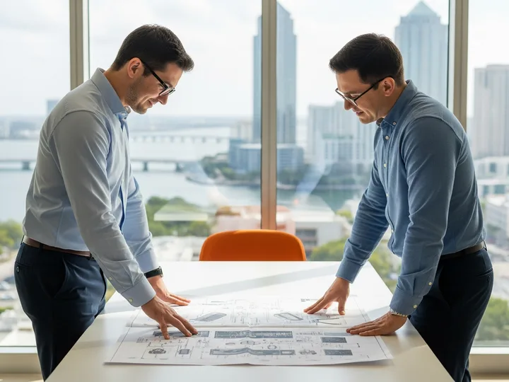 Two engineers reviewing a large printed avionics schematic on a table in a bright Tampa engineering office, the bay and downtown skyline soft-focus beyond the windows