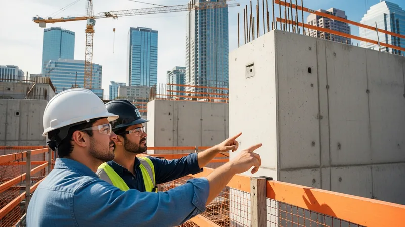 Two engineers in hard hats inspecting a structural and stormwater build near the Tampa waterfront, cranes and downtown towers rising behind the site