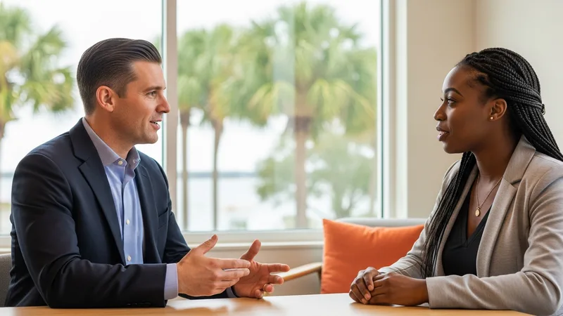 A KORE1 engineering recruiter talking with a cleared engineering candidate across a table in a bright Tampa office, with palm trees and the bay softly visible behind them