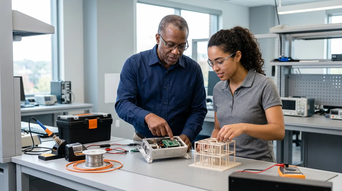 A systems engineer and a civil engineer examining a sensor sub-assembly and a structural model on a workbench in a bright Washington DC-area engineering lab