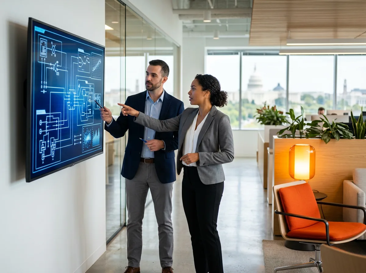 Two engineers reviewing a large systems schematic on a monitor in a Northern Virginia defense engineering office, with federal Washington DC architecture visible through the window