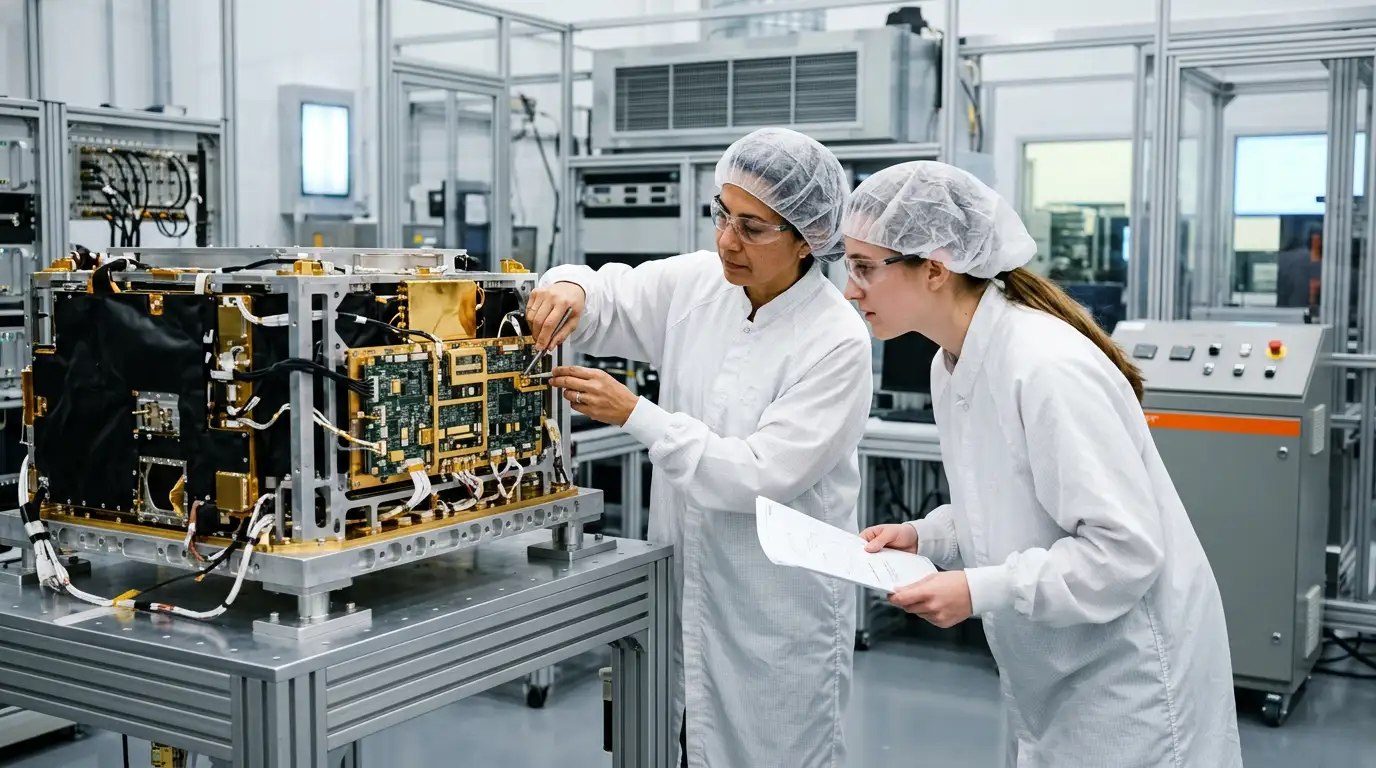 Two engineers in a satellite and systems integration clean area inspecting aerospace hardware in a Washington DC-area defense facility