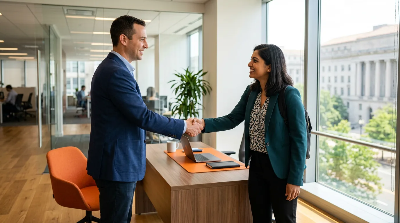 A KORE1 engineering recruiter shaking hands with an engineering candidate in a bright Washington DC office with federal architecture softly visible behind them
