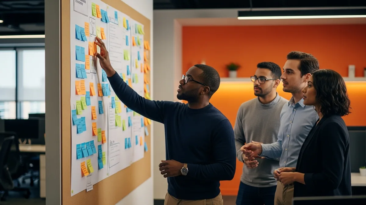 Engineering leader writing a priority on a shared team board to create a single source of truth