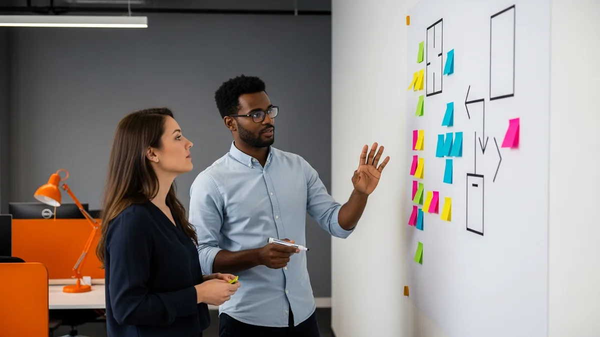 Two enterprise architects mapping an application portfolio on a whiteboard with sticky notes in a tech office