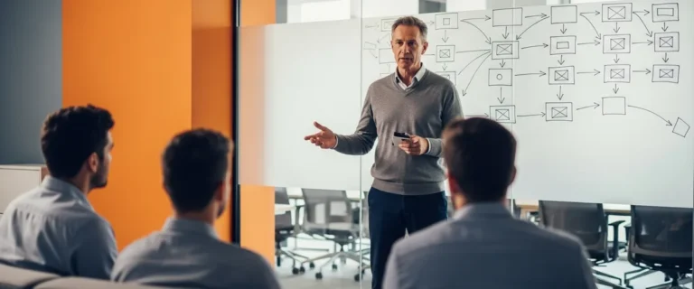 Enterprise architect presenting a systems architecture roadmap on a whiteboard to a seated leadership team