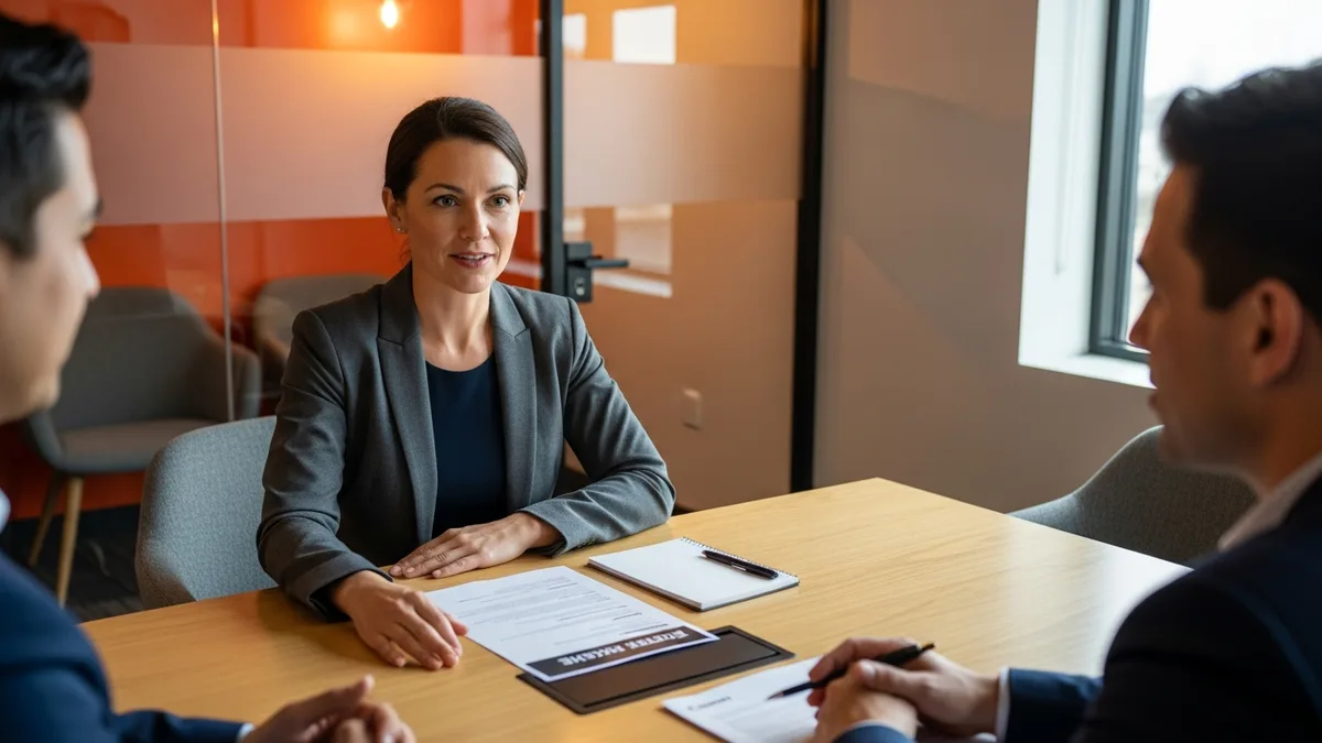 Enterprise architect candidate answering interview questions across a conference table from two hiring managers, a printed resume between them