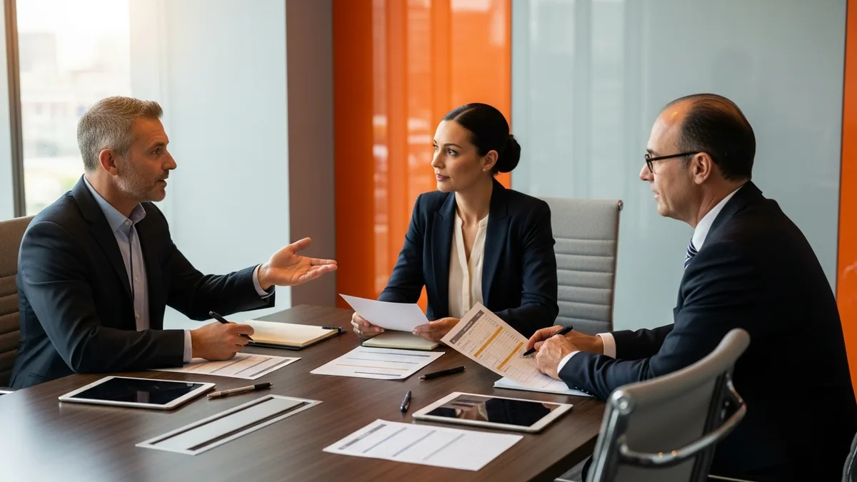 Hiring panel debriefing after an enterprise architect interview, reviewing candidate scorecards around a conference table