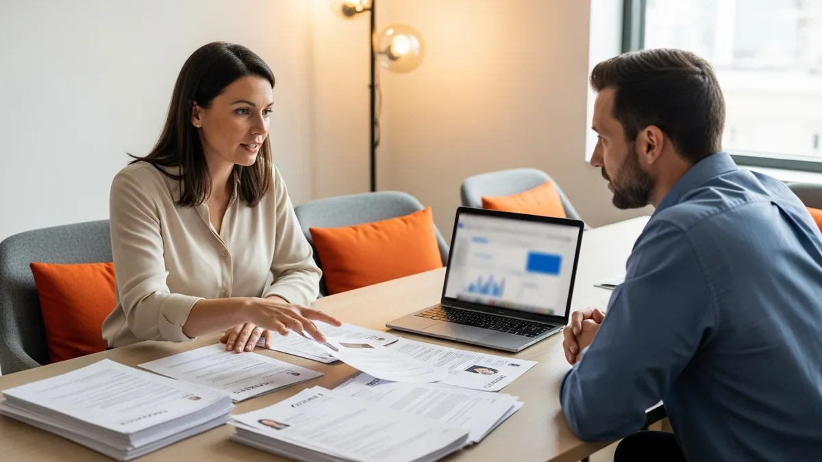 Hiring manager and IT director reviewing enterprise architect candidate resumes in a conference room