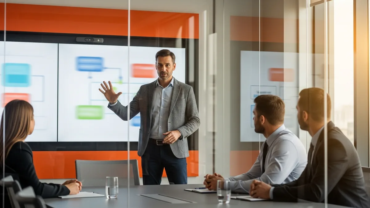 Enterprise architect presenting a multi-year technology roadmap to business executives in a modern boardroom