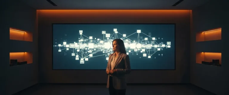 Senior enterprise architect reviewing an organization-wide enterprise systems landscape on a large display