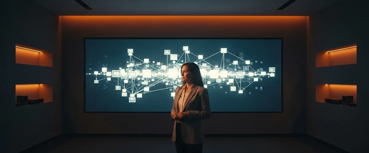 Senior enterprise architect reviewing an organization-wide enterprise systems landscape on a large display