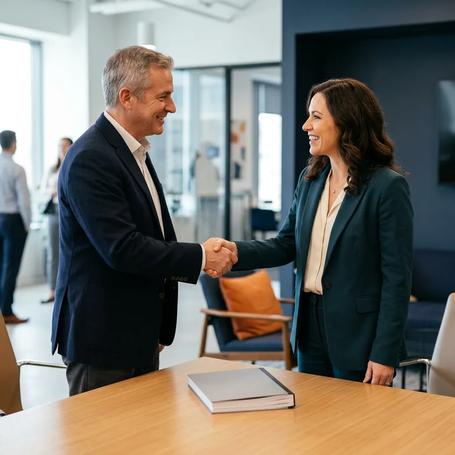 A KORE1 account lead and an enterprise IT director shaking hands over a single consolidated printed program report on a table in a bright office