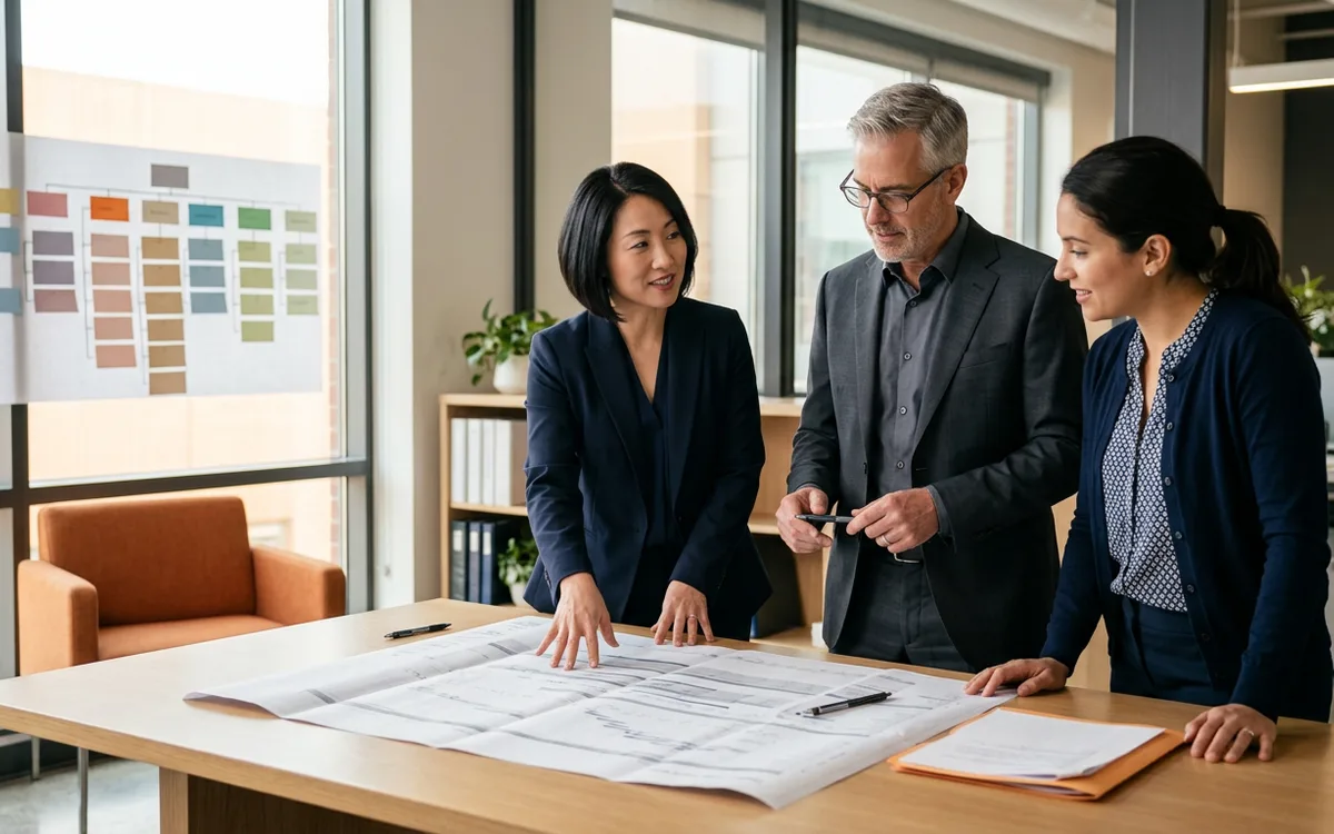 A KORE1 account lead and two enterprise IT leaders reviewing a printed team capacity and ramp plan on a large table in a bright modern corporate office