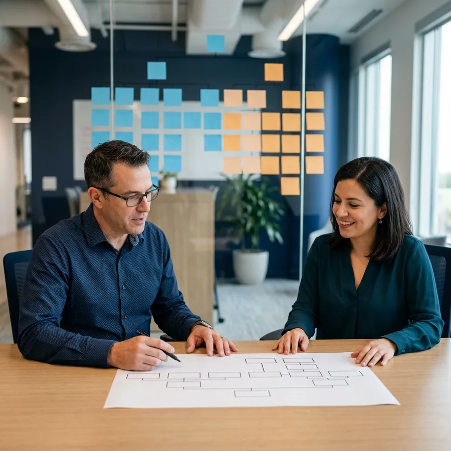 An enterprise program lead and a KORE1 recruiter at a table planning a growing team structure with printed org and capacity charts and colored cards arranged on a glass wall