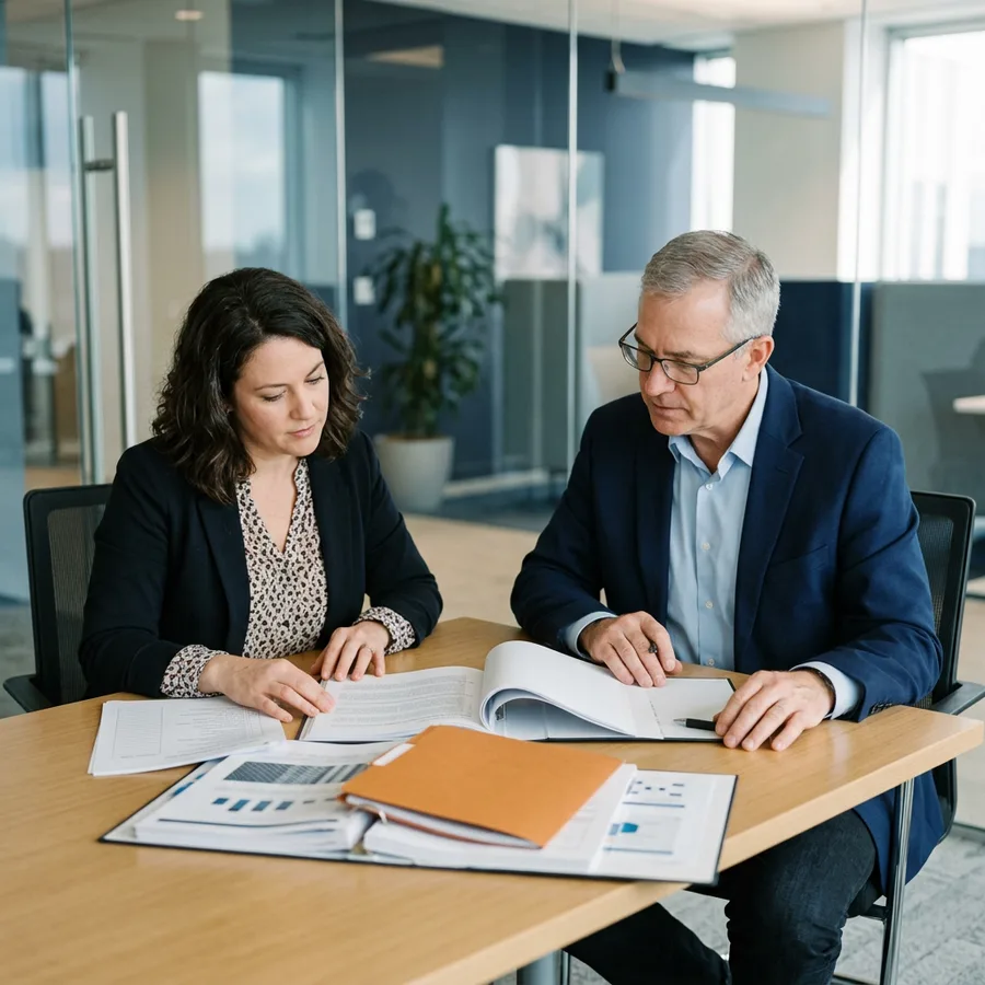 A KORE1 recruiter and an enterprise security reviewer going through printed background check and access-control binders at a table in a corporate office