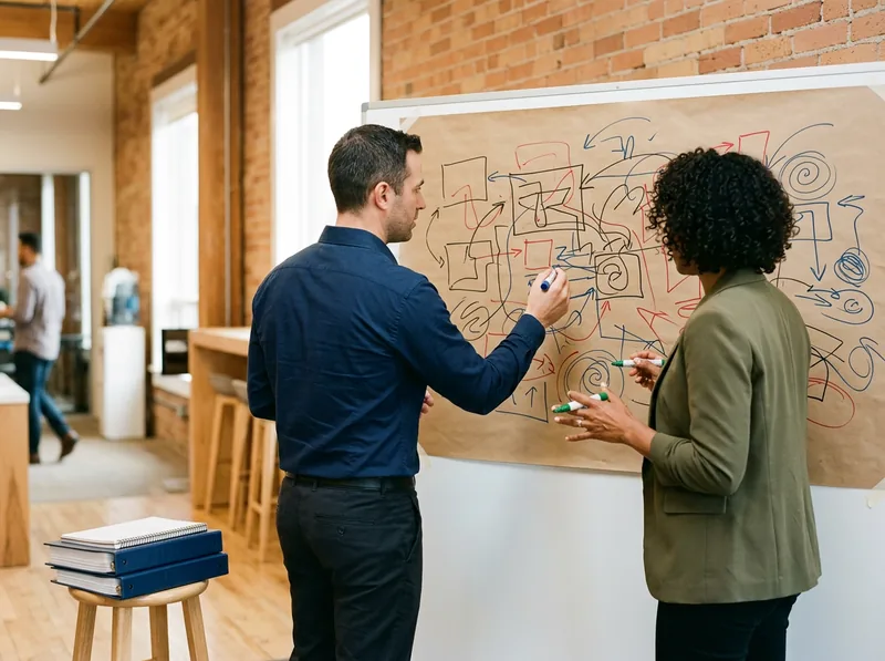 Epicor technical consultant and an IT manager marking up a printed integration diagram taped to a whiteboard during an ERP upgrade working session