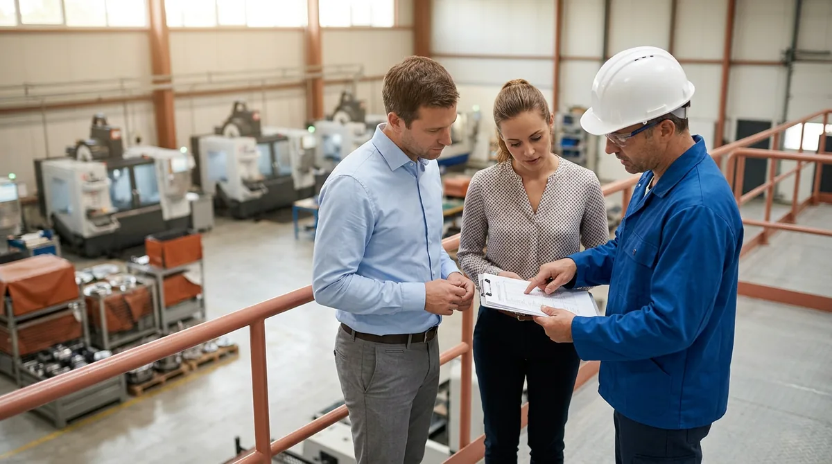 Epicor consultants reviewing a printed production schedule and job traveler with a plant manager on a manufacturing mezzanine, KORE1 Epicor consultant staffing