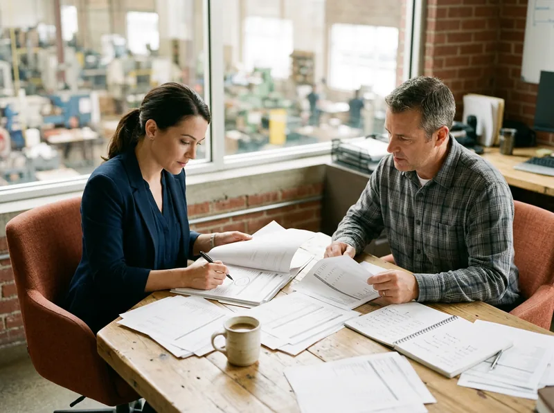 Epicor Kinetic functional consultant and a plant controller comparing printed job cost reports and routing sheets in a manufacturing office