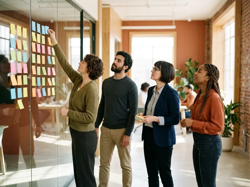 Cross-functional manufacturing team grouping sticky notes into implementation workstreams on a glass wall during an Epicor go-live planning session