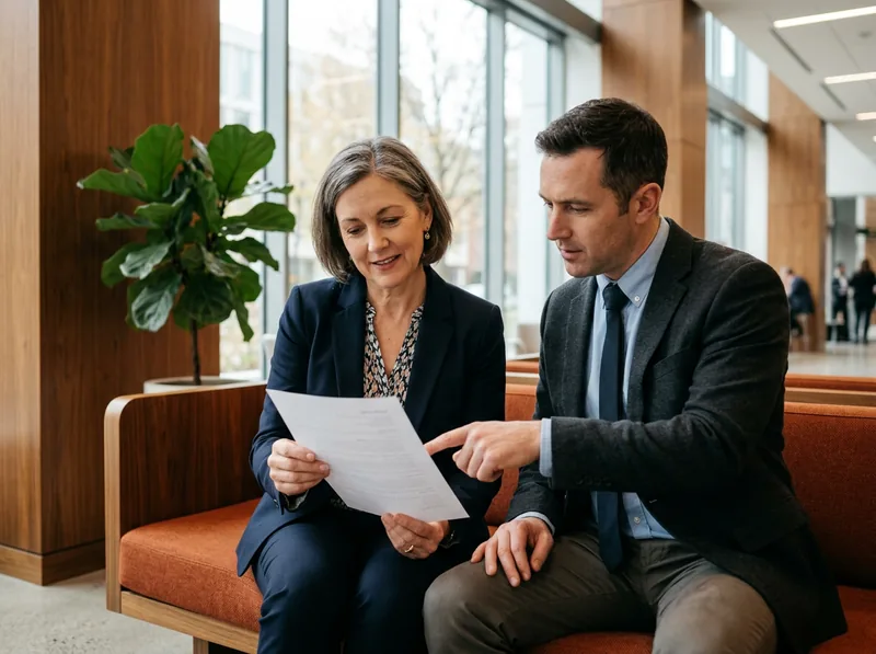 KORE1 senior recruiter reviewing an Epicor consultant candidate profile with a manufacturing hiring manager in a bright office lobby