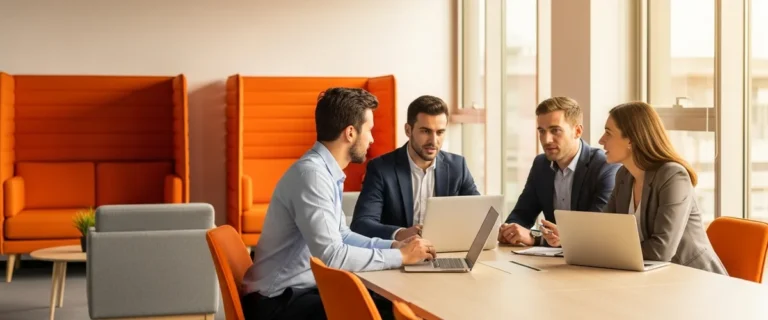 Cross-functional hiring team evaluating ERP consultant candidates around a conference table with laptops